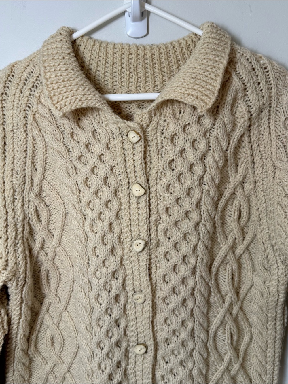 Fisherman cable knit wool cardigan collared sweater handmade thick chunky button